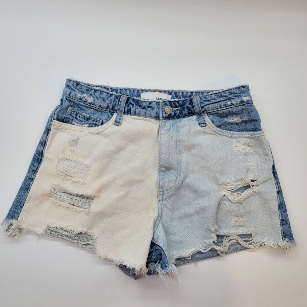 VERVET LA Two-Tone Distressed Denim Shorts Raw Hem Grunge Streetwear Size Small